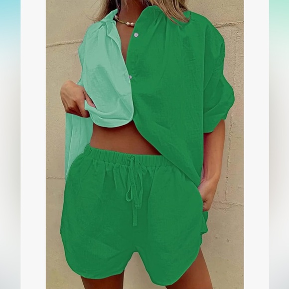 Fixmatti Green Cotton Colorblock Button Up Shirt and Shorts Set - Picture 3 of 15